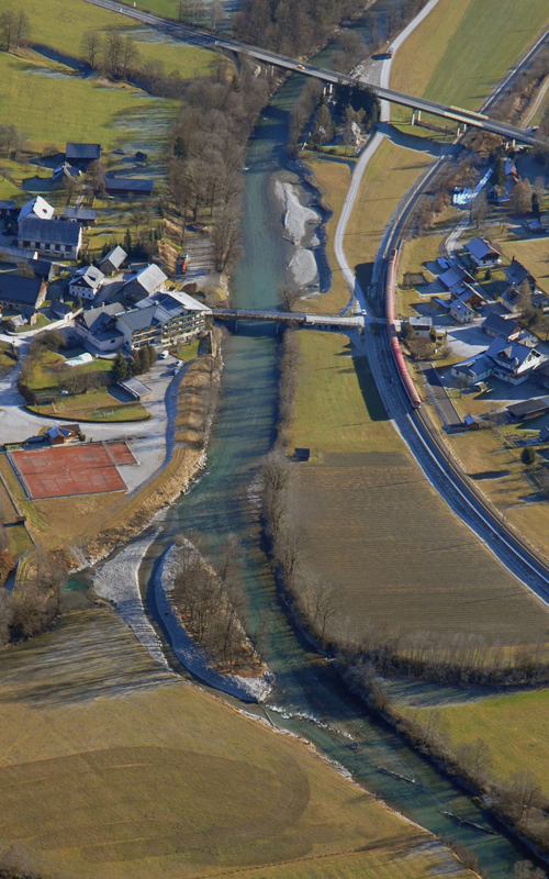 Overview of the restored site of River Enns with a new created side arm and locally widened river bed.  